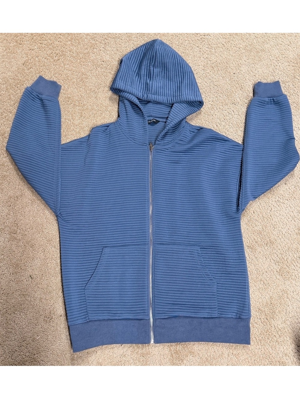 Fashion Blue Ribbed Full-Zip Hooded Jacket Medium